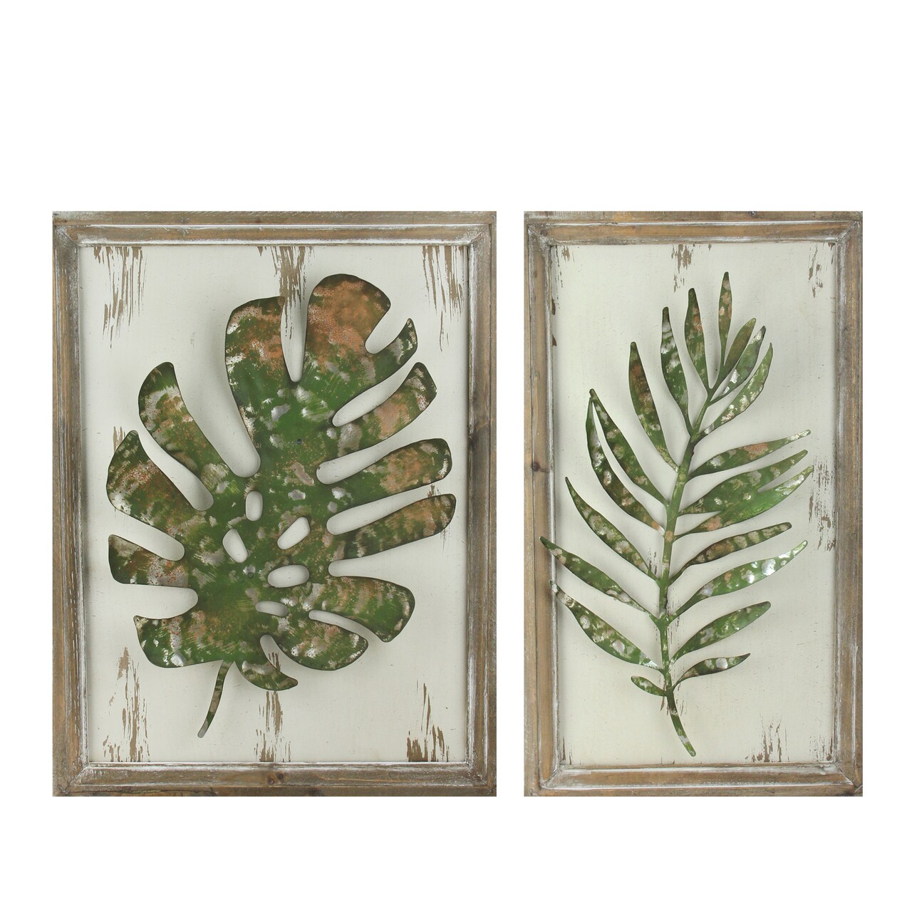 Melrose Set of 2 Rustic and Distressed Forest Green Leaf Framed Wall Plaques 19"
